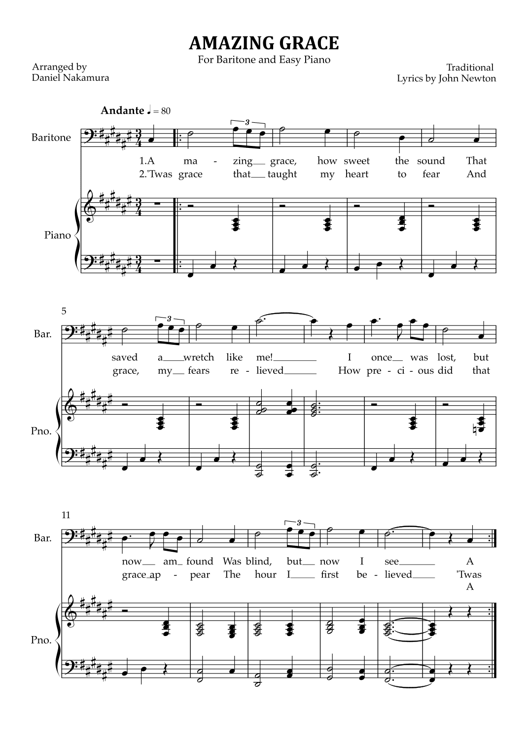 Amazing Grace (for baritone vocal with easy piano) (arr. Daniel Nakamura)