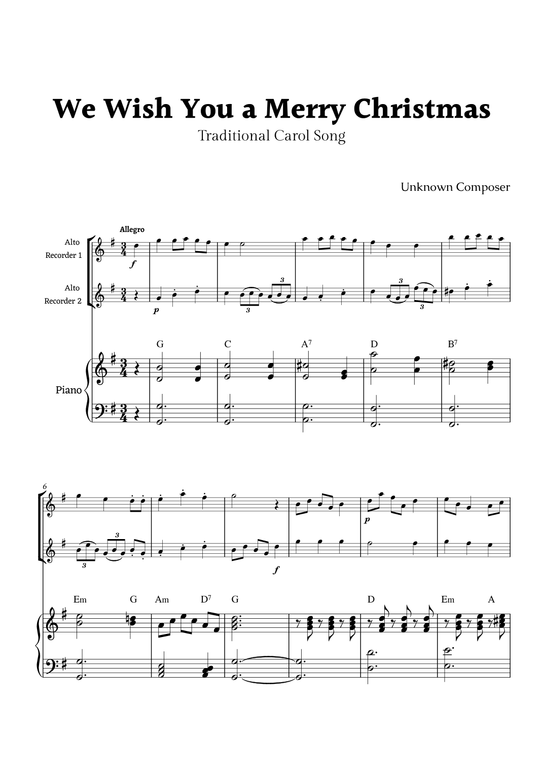 We Wish you a Merry Christmas for Alto Recorder Duet with Piano (arr. Rika K.)