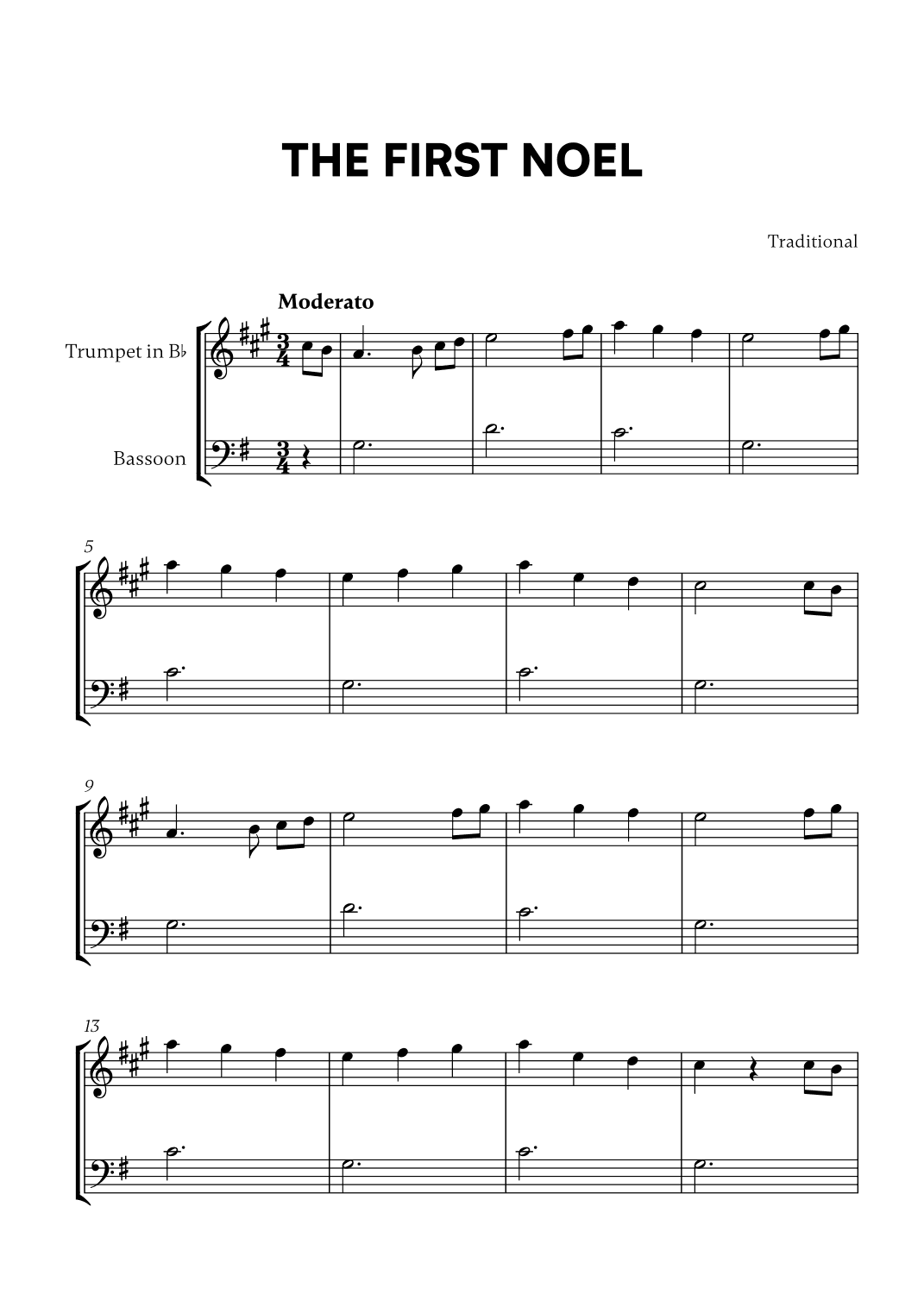 Traditional - The First Noel (G Major) (for Trumpet in Bb and Bassoon) (arr. Cadenza Editions)