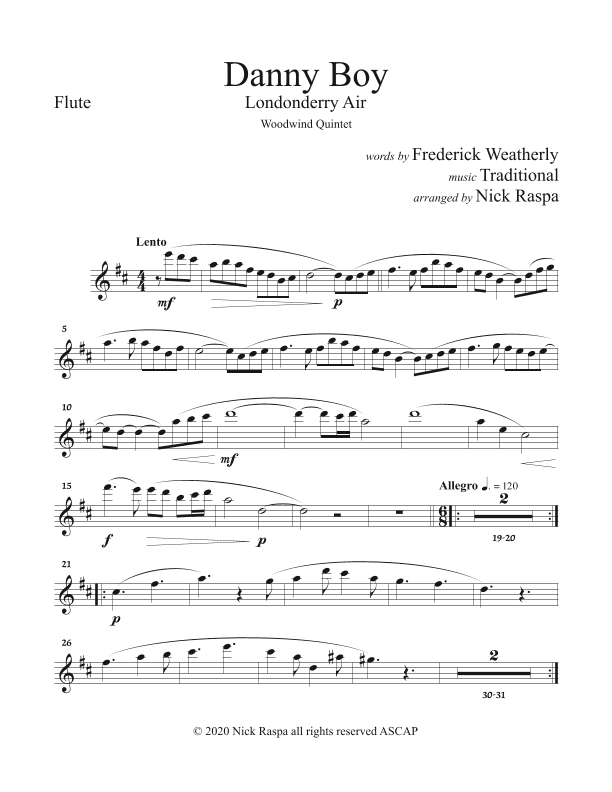 Danny Boy (Londonderry Air) WW Quintet (fl, ob,cl,hrn,bsn)  Flute part (arr. Nick Raspa)