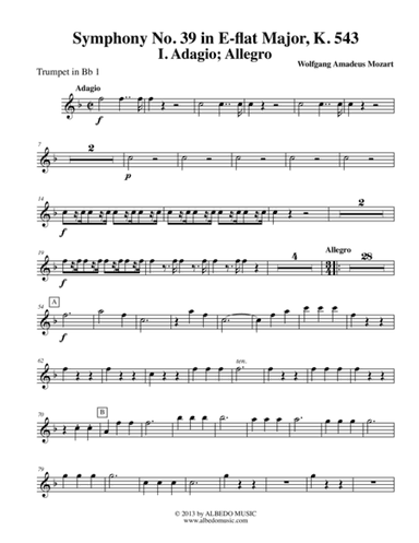 Mozart Symphony No. 39, Movement I - Trumpet in Bb 1 (Transposed Part), K. 543 (arr. Doug Clyde)