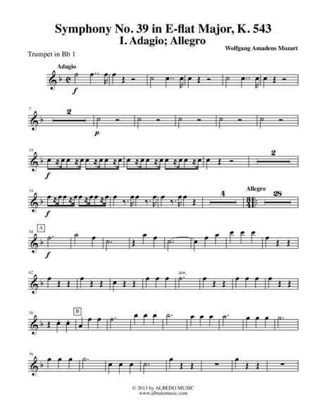Mozart Symphony No. 39, Movement I - Trumpet in Bb 1 (Transposed Part), K. 543 (arr. Doug Clyde)