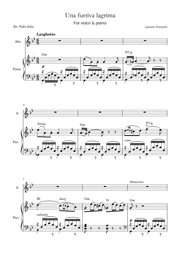 Una Furtiva Lagrima (Contralto in Gm) (arr. Pedro Cohen)