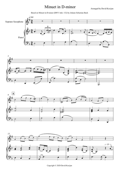 Minuet in D-minor - EASY (soprano sax & piano) (arr. David Kocijan)