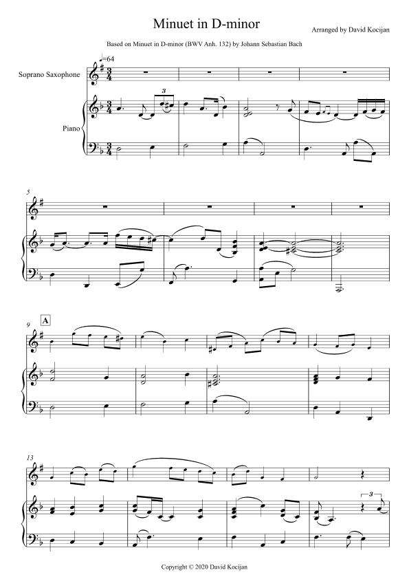 Minuet in D-minor - EASY (soprano sax & piano) (arr. David Kocijan)