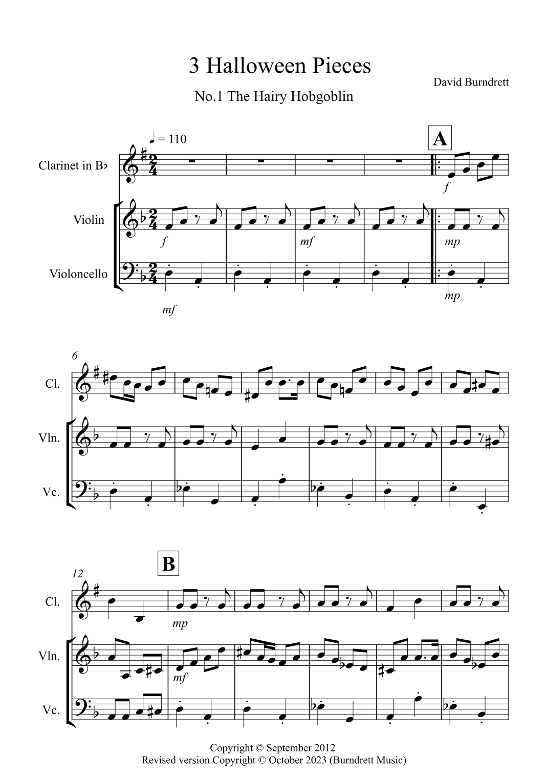 3 Halloween Pieces for Clarinet (or Trumpet in Bb),  Violin and Cello Trio