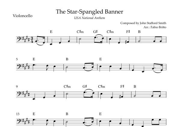 The Star Spangled Banner (USA National Anthem) for Cello Solo with Chords (E Major) (arr. Fabio Britto)