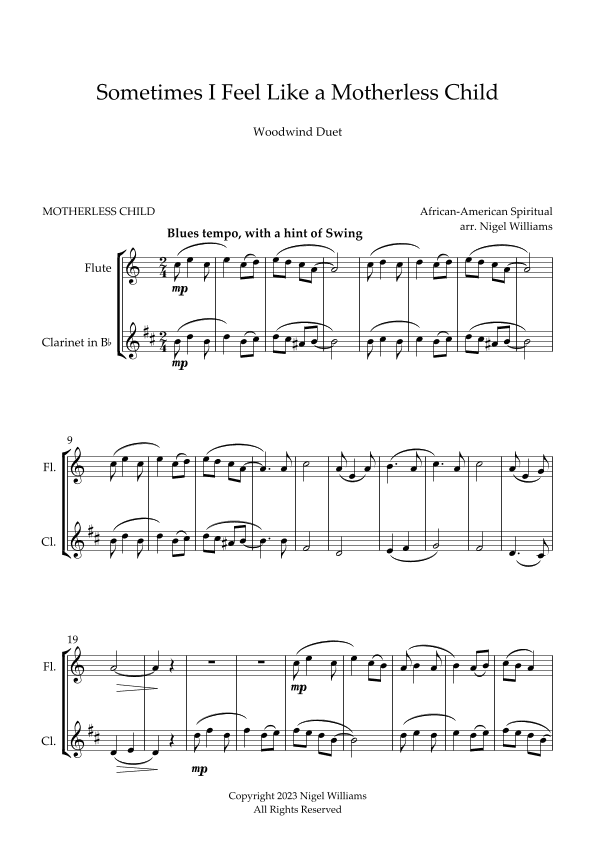 Sometimes I Feel Like a Motherless Child, flute and clarinet duet (arr. Nigel Williams)