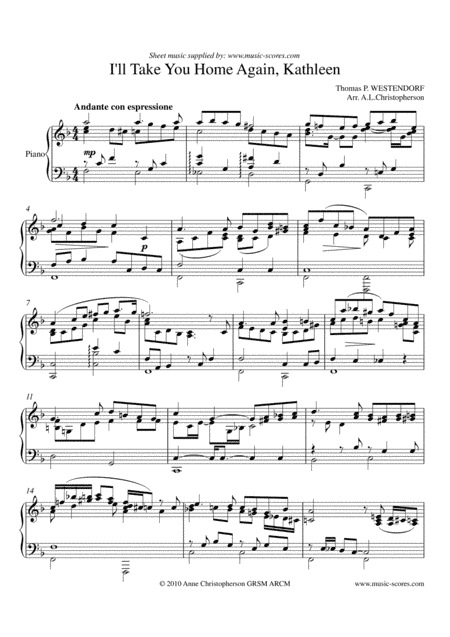 I Will Take you Home Kathleen - Piano (arr. Anne Christopherson GRSM ARCM)