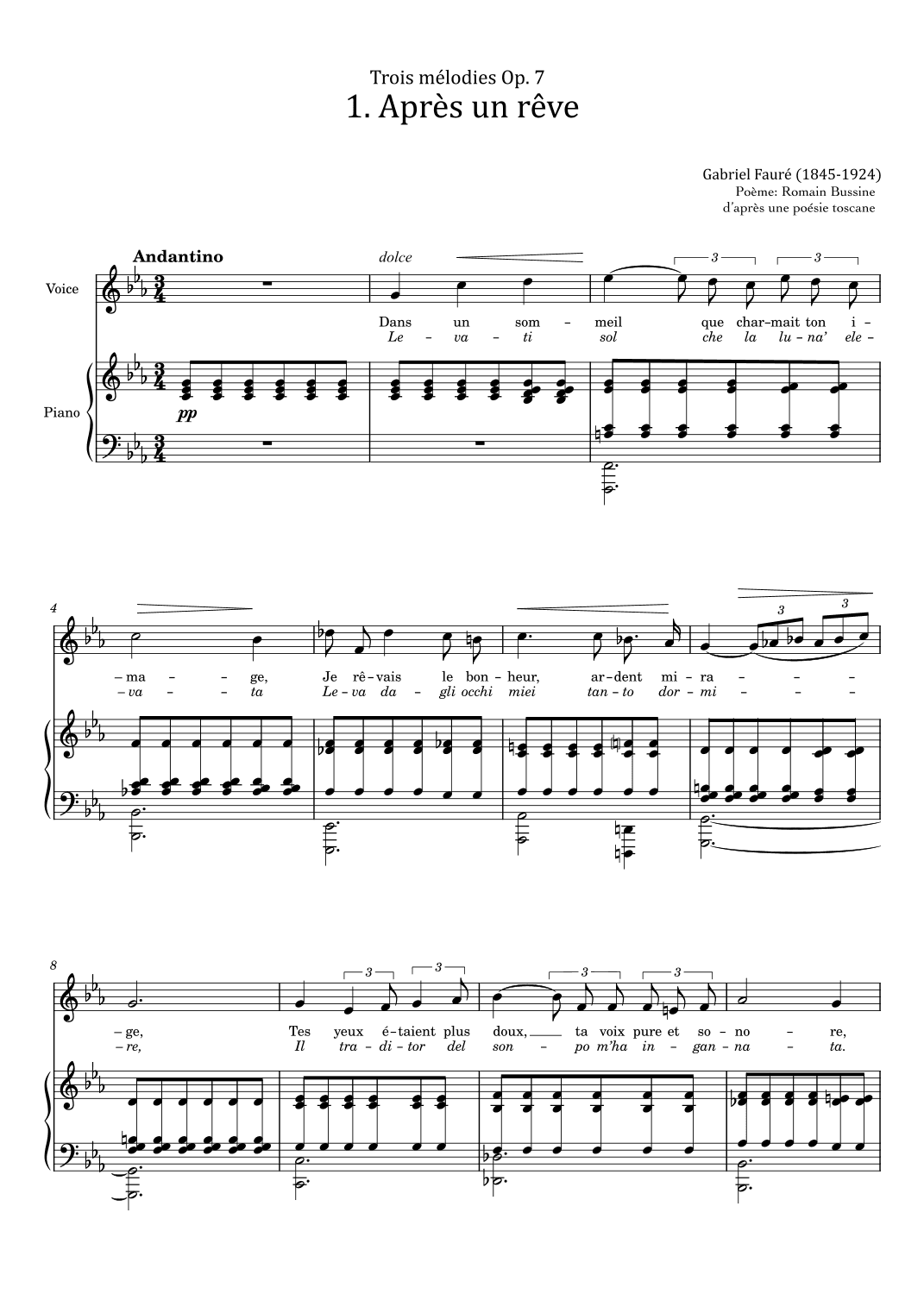 Gabriel Faure - 3 Songs, Après un rêve Trois mélodies - Op.7, No.1 - Original In C minor (arr. poon)