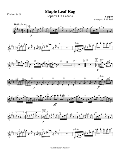 Joplin 1916 Maple Leaf Rag for Clarinet Quartet with optional String Bass (arr. R G Roth)