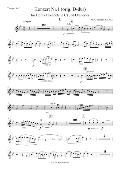 Horn Concerto in D major, K.412/386b, I.p, Allegro - B-flat transp. for Trumpet in C (arr. Kovats Istvan)