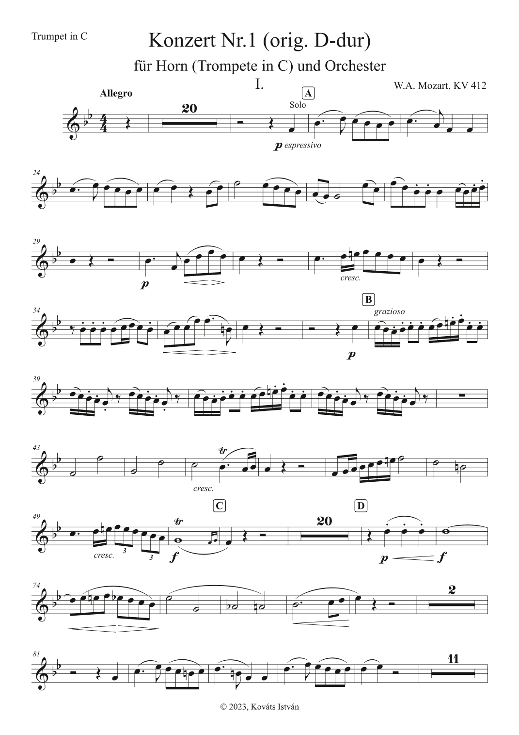 Horn Concerto in D major, K.412/386b, I.p, Allegro - B-flat transp. for Trumpet in C (arr. Kovats Istvan)