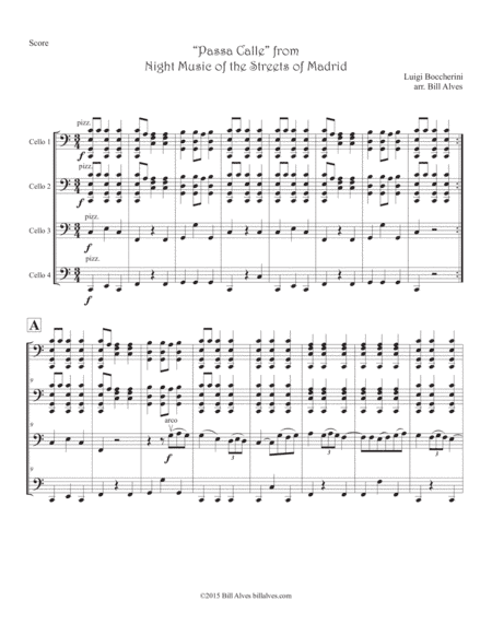 "Passa Calle" from Night Music of the Streets of Madrid by Luigi Boccherini for Cello Quartet (arr. Bill Alves)