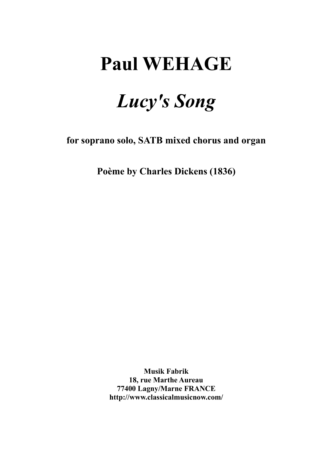 Lucy's Song for soprano solo, SATB chorus and organ