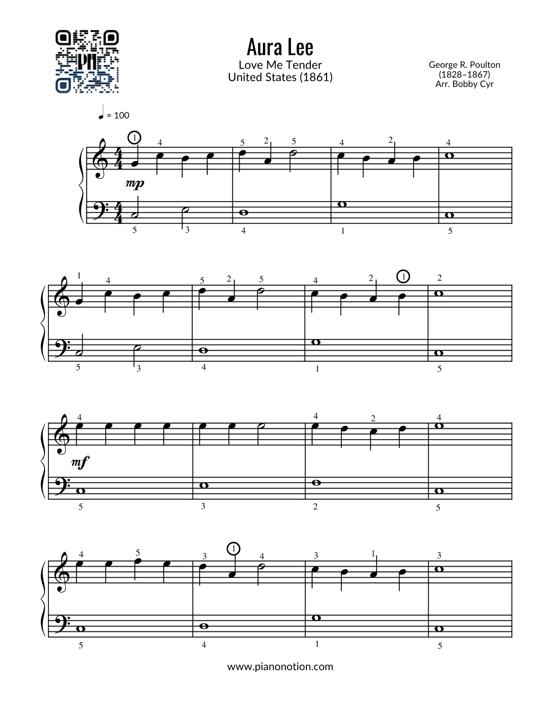 Aura Lee | Love Me Tender (Easy Piano) (arr. Bobby Cyr - Piano Notion)