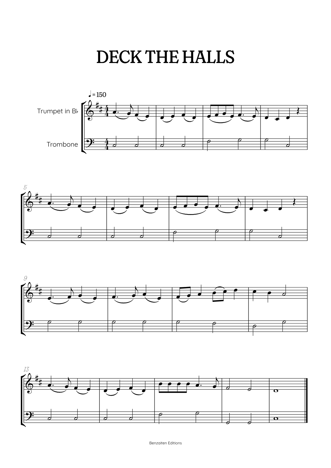 Deck the Halls for trumpet and trombone duet • super easy Christmas song sheet music (arr. Benzaiten Editions)