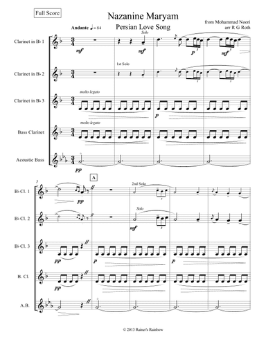 Persian Love Song for Nazanine Maryam as a Clarinet Quartet with optional String Bass (arr. R G Roth)