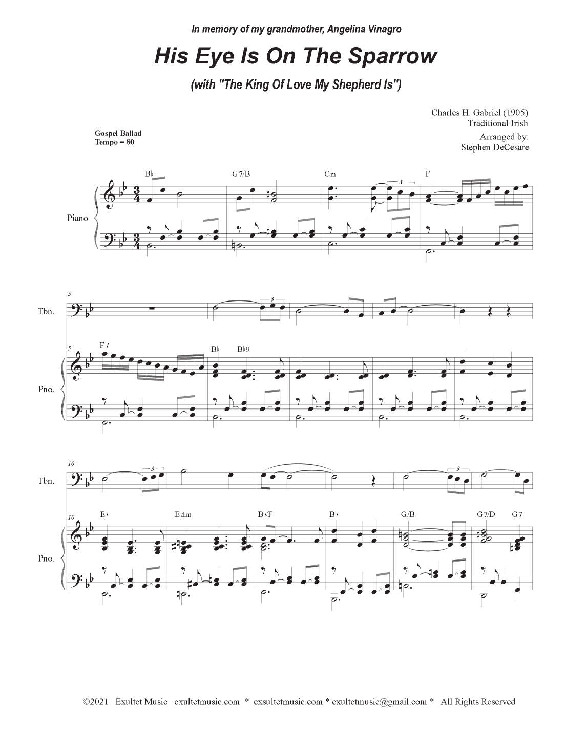 His Eye Is On The Sparrow (with "The King Of Love My Shepherd Is") (Trombone solo and Piano) (arr. Stephen DeCesare)