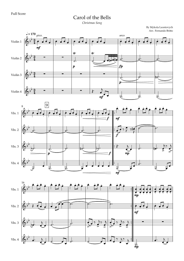 Carol of The Bells - Jazz Version (Christmas Song) for Violin Quartet (arr. Fabio Britto)