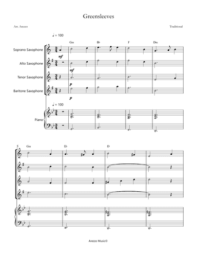 greensleeves saxophone quartet and piano sheet music with chord symbols (arr. Arezzo Music)