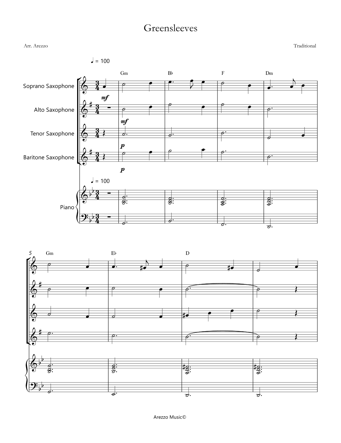 greensleeves saxophone quartet and piano sheet music with chord symbols (arr. Arezzo Music)