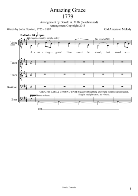 Amazing Grace TTBB a cappella (arr. Donald A. Mills (beachtanned))