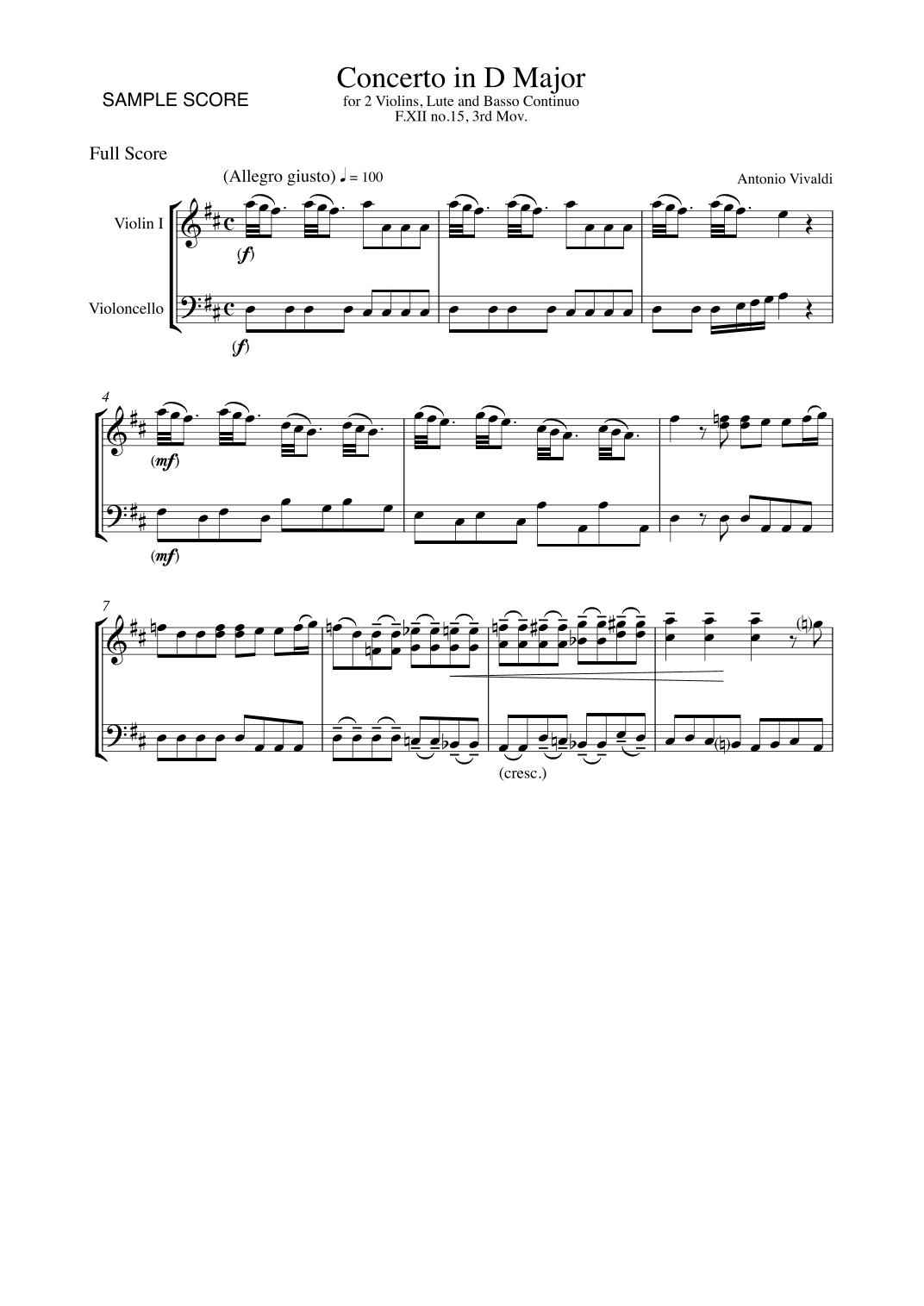 CONCERTO IN D MAJOR FOR 2 VIOLINS, LUTE AND BASSO CONTINUO, F.XII NO.15, 3rd Mov., STRING DUO (arr. Sherry Lewis)