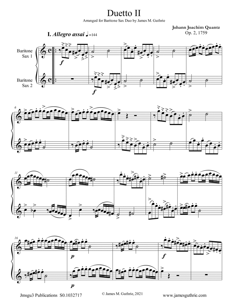 Quantz: Duetto Op. 2 No. 2 for Baritone Sax Duo (arr. James M. Guthrie)