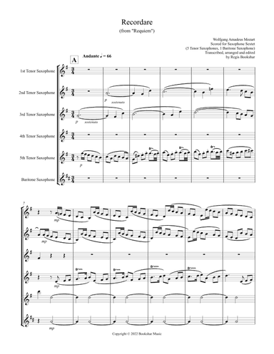 Recordare (from "Requiem") (F) (Saxophone Sextet - 5 Ten, 1 Bari) (arr. Regis Bookshar)