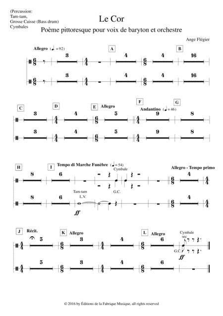 Ange Flégier: Le Cor for baritone voice and orchestra: percussion  part (arr. Musik Fabrik Music Publishing)