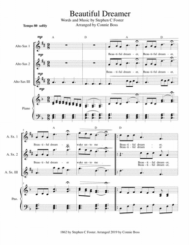 Beautiful Dreamer Key of F Alto Saxophone Trio (arr. Connie Boss)