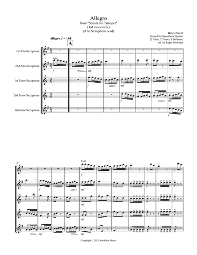 Allegro (from "Sonata for Trumpet") (Bb) (Saxophone Quintet - 2 Alto, 2 Tenor, 1 Bari) (Alto lead) (arr. Regis Bookshar)