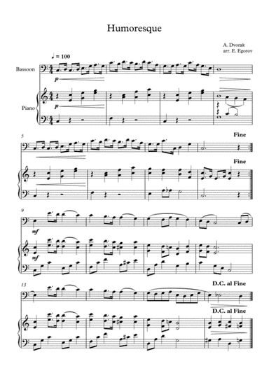 Humoresque, Antonin Dvorak, For Bassoon & Piano (arr. Eugene Egorov)