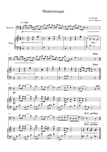 Humoresque, Antonin Dvorak, For Bassoon & Piano (arr. Eugene Egorov)