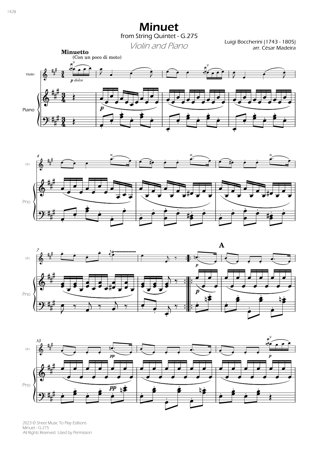 Minuet Op.11 No.5 - Violin and Piano (Full Score) (arr. César Madeira)