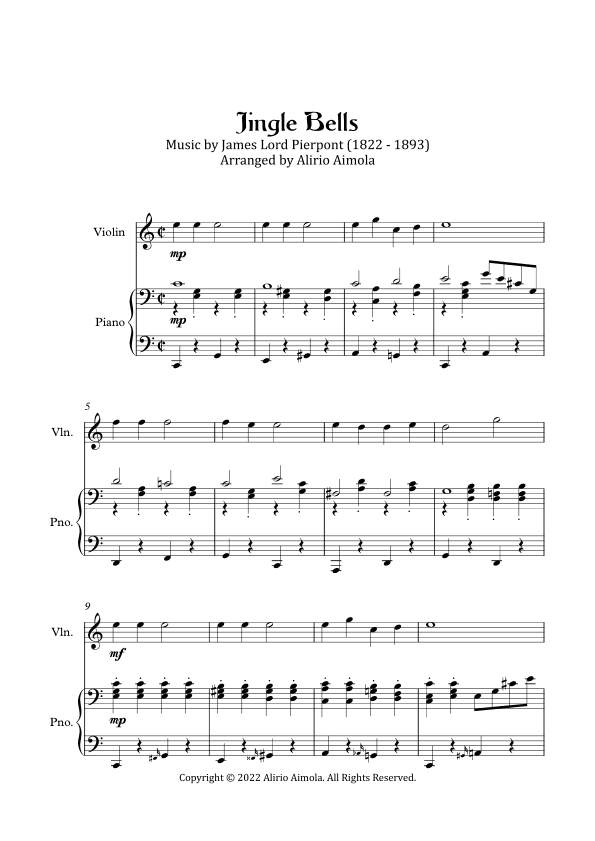 Jingle Bells - violin and piano (easy level) (arr. Alirio Aimola)
