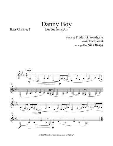 Danny Boy for Clarinet Quintet - B flat Bass Clarinet 2 part (arr. Nick Raspa)