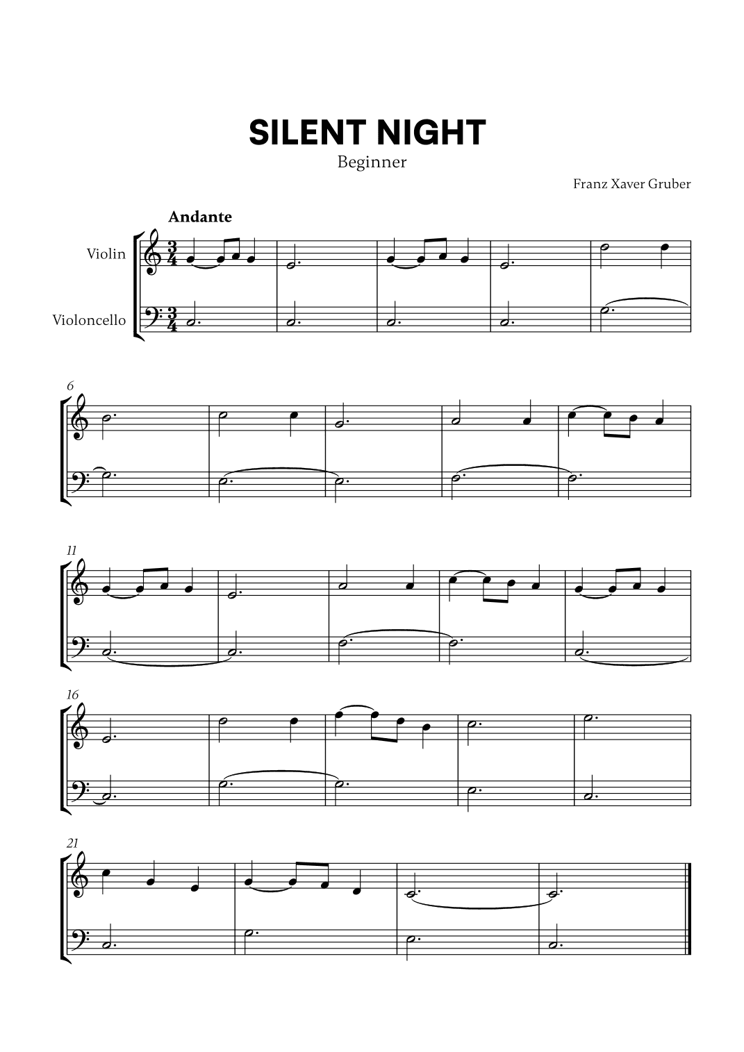 Silent Night (Beginner) (for Violin and Cello) (arr. Cadenza Editions)