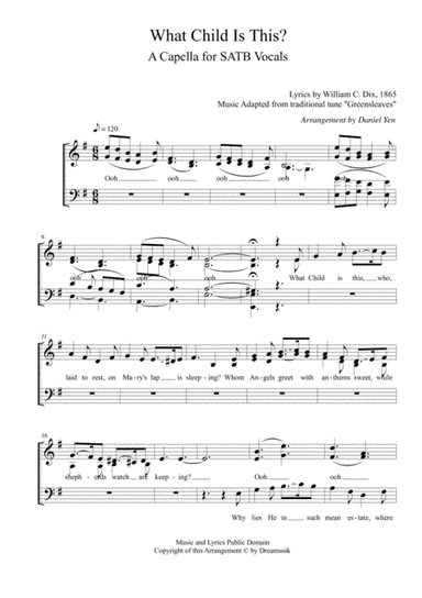 "What Child Is This" a Capella version for SATB vocals/choir (arr. Dreamusik Music Productions)