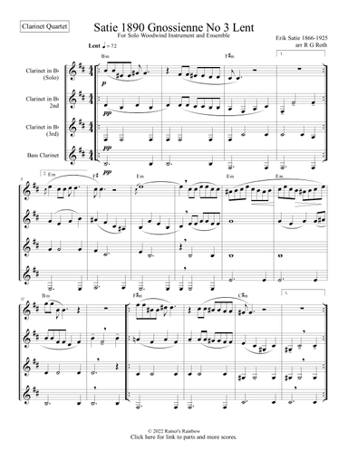 Satie Gnossienne No 3 for Clarinet Quartet (arr. R G Roth)