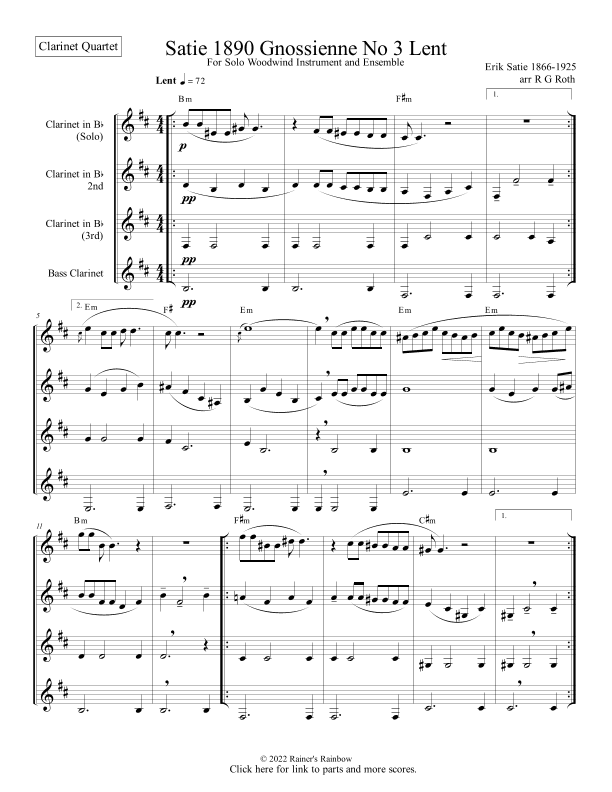 Satie Gnossienne No 3 for Clarinet Quartet (arr. R G Roth)