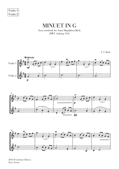Minuet in G (from Anna Magdalena Notebook) for Violin duet (String Duet) (arr. Cadenza Editions)