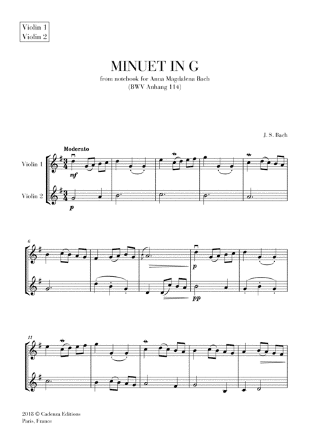 Minuet in G (from Anna Magdalena Notebook) for Violin duet (String Duet) (arr. Cadenza Editions)