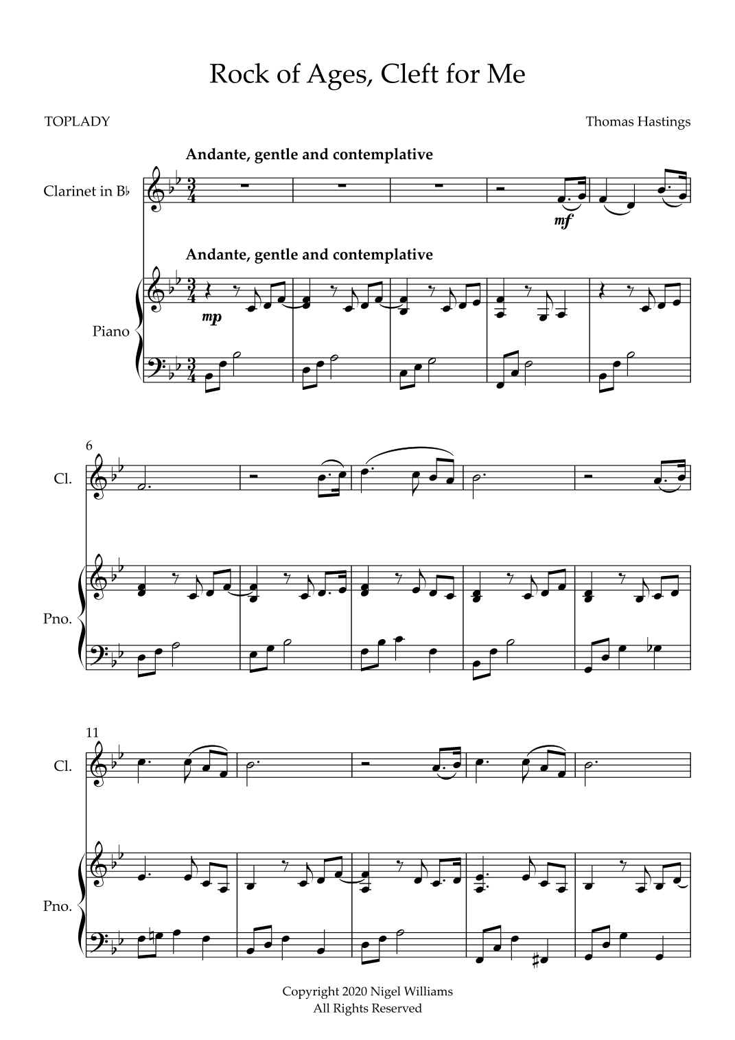 Rock of Ages, Cleft for Me, for Clarinet and Piano (arr. Nigel Williams)