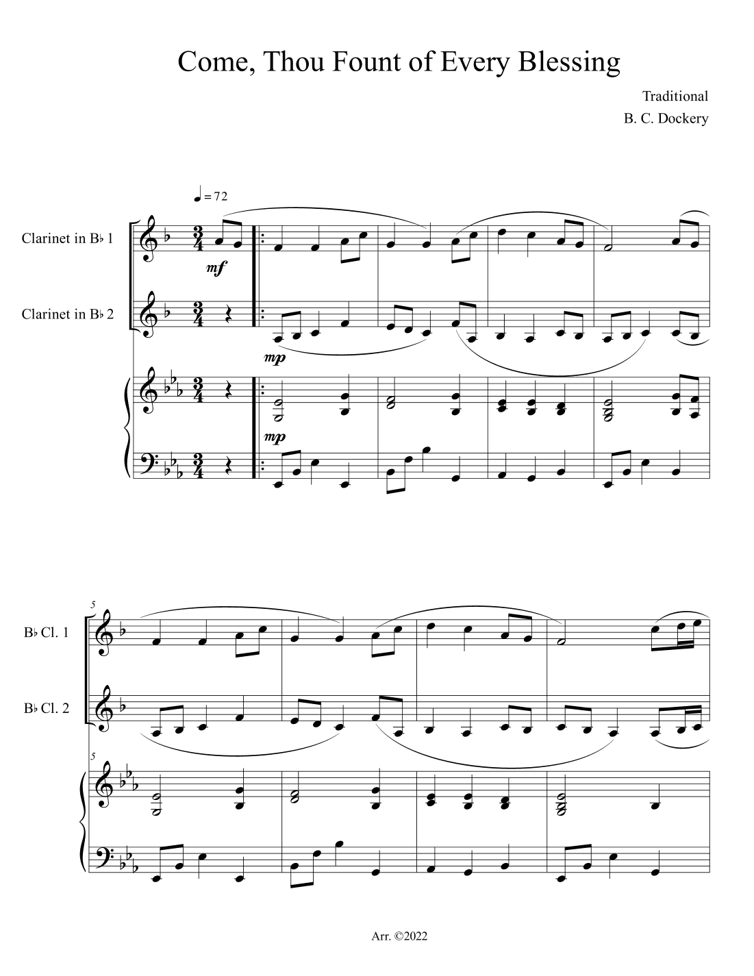 Come, Thou Fount of Every Blessing (Clarinet Duet with Piano Accompaniment) (arr. B. C. Dockery)