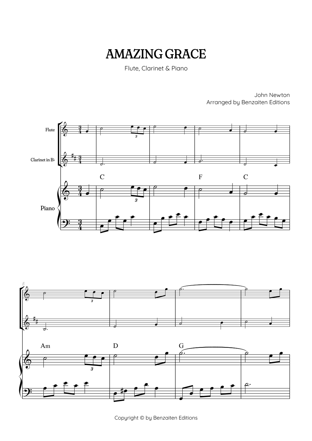Amazing Grace • easy flute and clarinet sheet music with piano accompaniment (with chords) (arr. Benzaiten Editions)