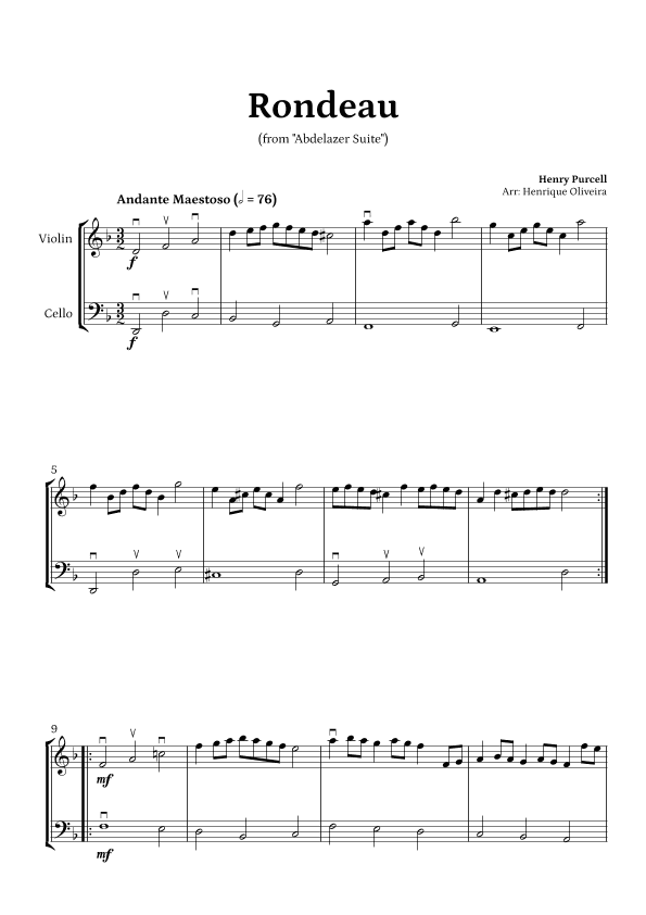 Rondeau from "Abdelazer Suite" by Henry Purcell - For Violin and Cello (arr. Henrique Oliveira)