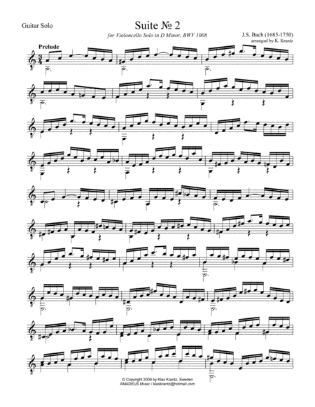 Preludium (i) from Suite 2 BWV 1008 for guitar solo (arr. K. Krantz)