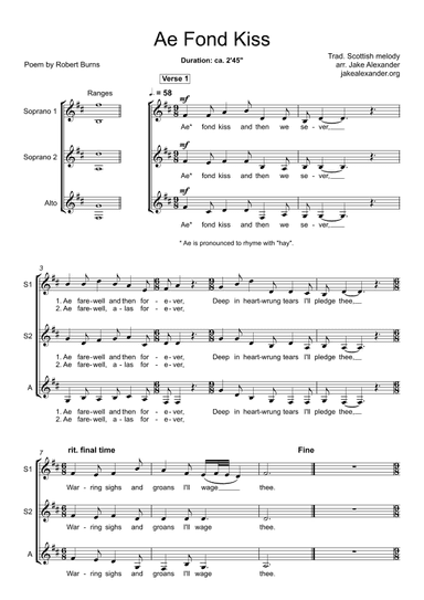 Ae Fond Kiss - SSA a cappella (arr. Jake Alexander)